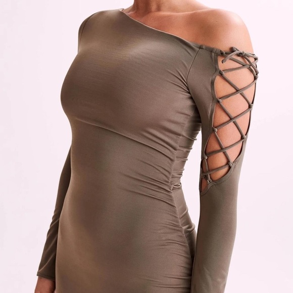 Meshki Gabby dress Elegant Brown One-Shoulder Dress mushroom color M #10 - Picture 4 of 14